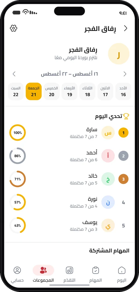 شاشة المجموعة في تطبيق رِفاق: لوحة ترتيب يومية بنسبة إنجاز كل صديق